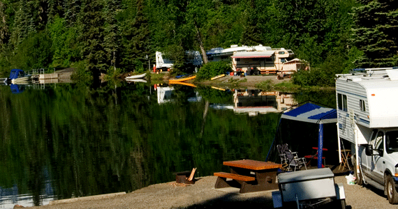 RV camping along a mountain lake